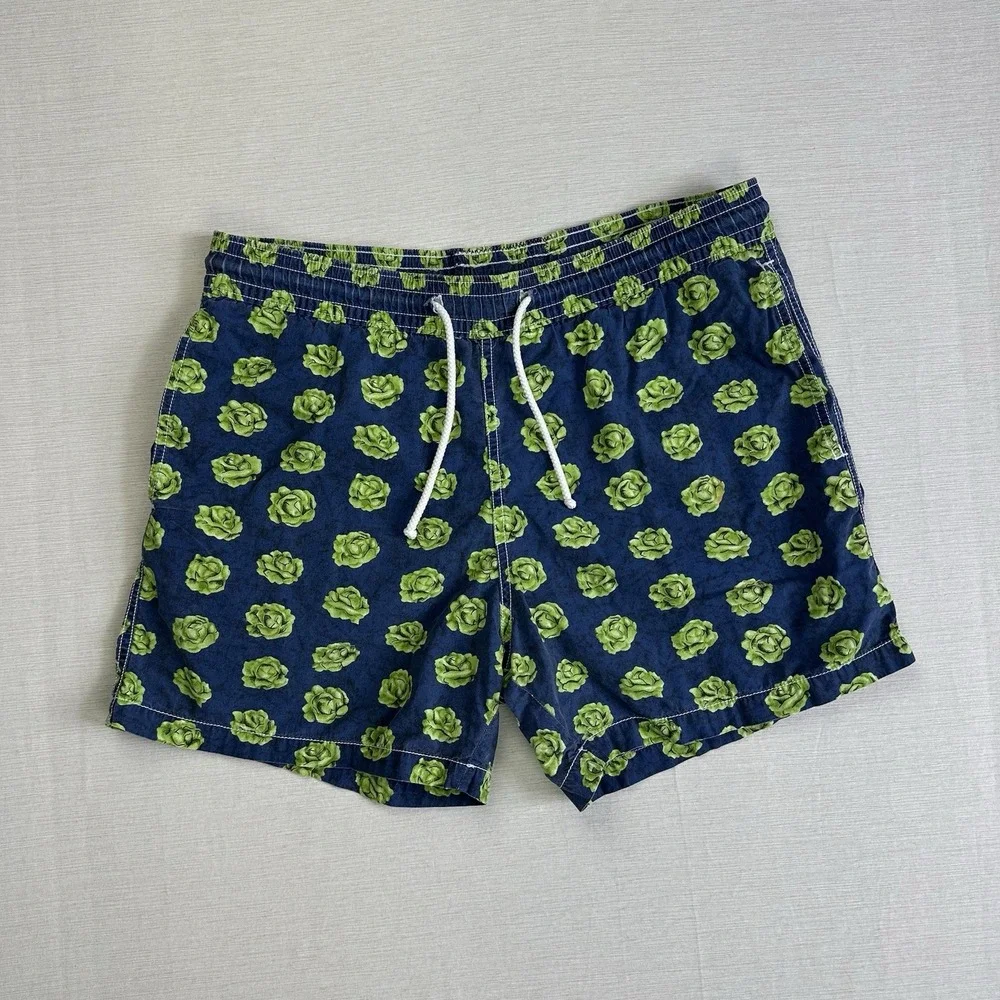 Vilebrequin Swim Trunks Cabbage Lettuce Print Men Large Blue Green Limited Ed